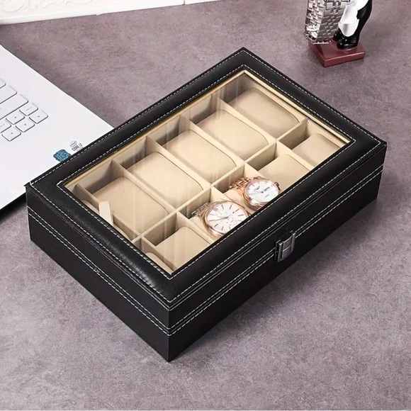 NEW 12Compartment Watch Storage Box-Glass Lid &Metal Clasp - Picture 5 of 8